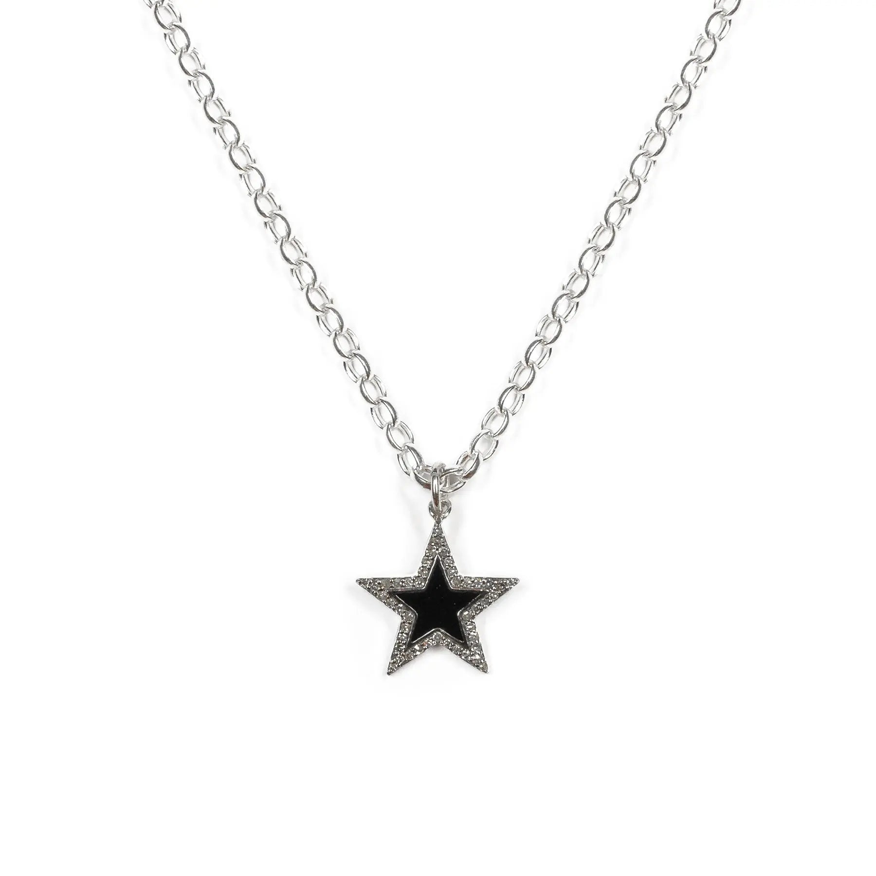 Diamond & Black Enamel Silver Chunky Star Necklace