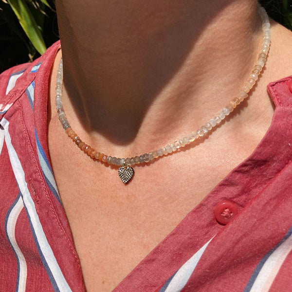 Diamond Heart & Orange Moonstone Bead Necklace