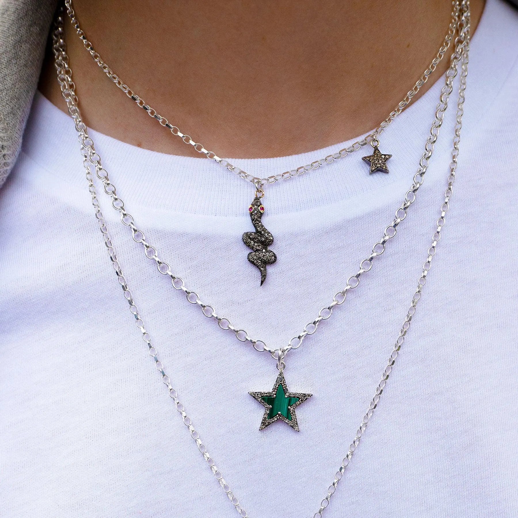 Diamond & Malachite Silver Chunky Star Necklace