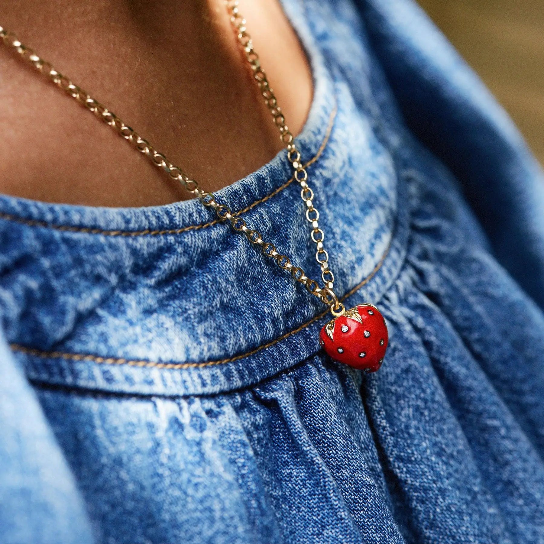 Diamond & Red Enamel Strawberry Necklace