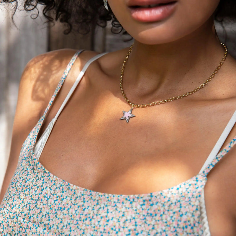Diamond & Rose Quartz Chunky Star Necklace