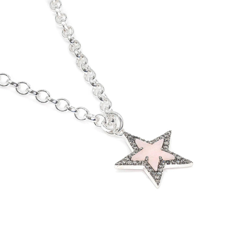 Diamond & Rose Quartz Silver Chunky Star Necklace