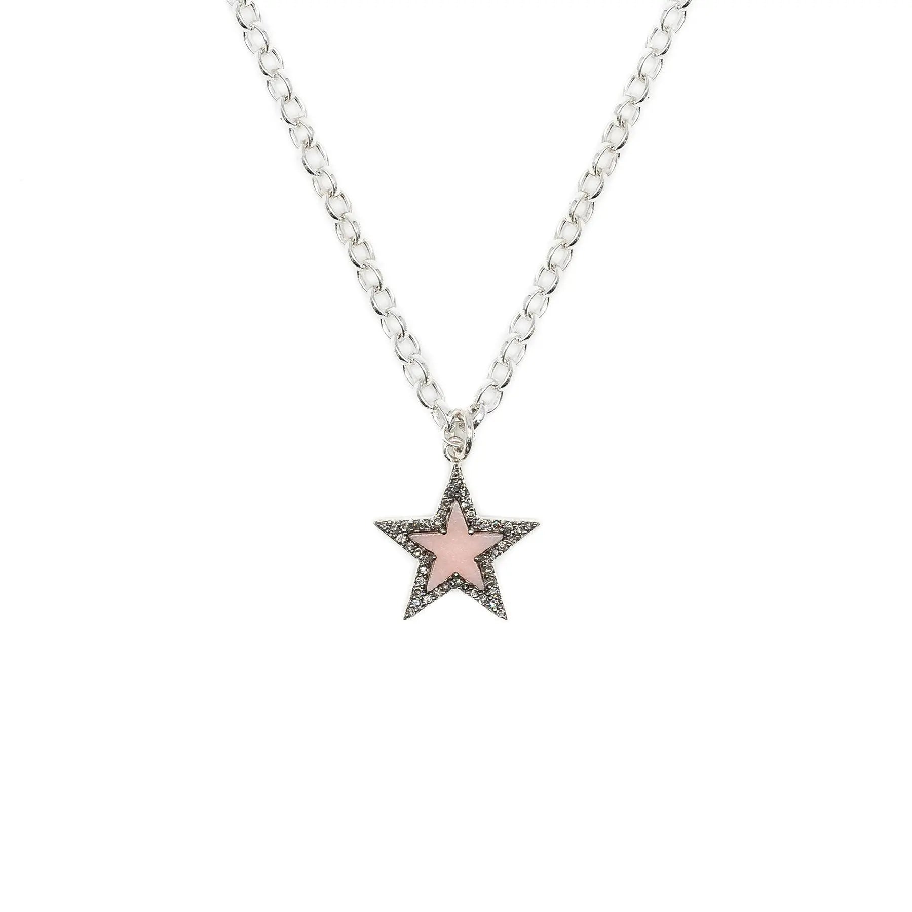 Diamond & Rose Quartz Silver Chunky Star Necklace