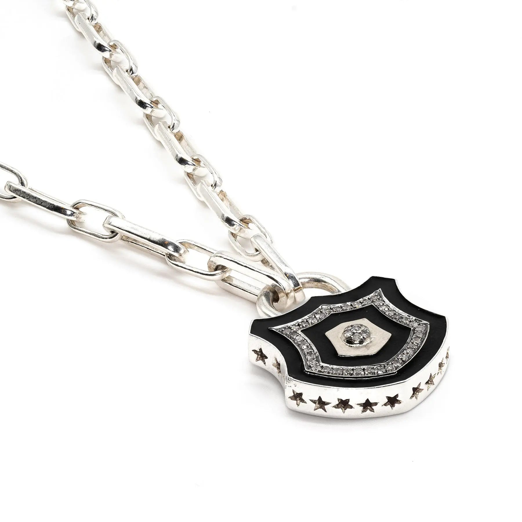 Diamond & Silver Black Enamel Chunky Lock Necklace