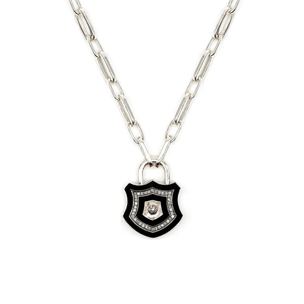 Diamond & Silver Black Enamel Chunky Lock Necklace
