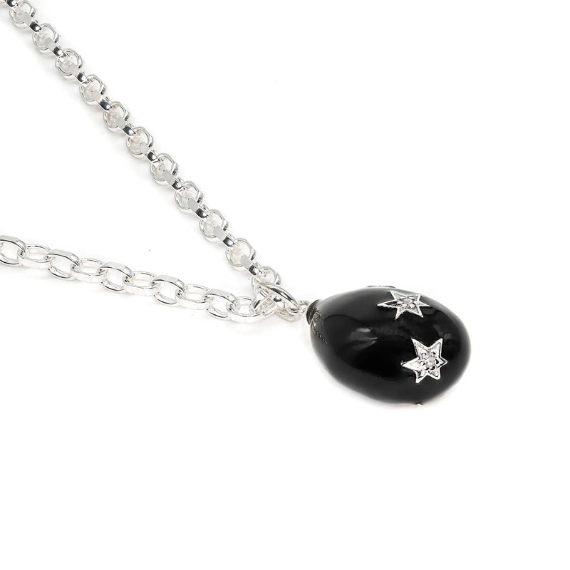 Diamond & Silver Black Enamel Egg Necklace