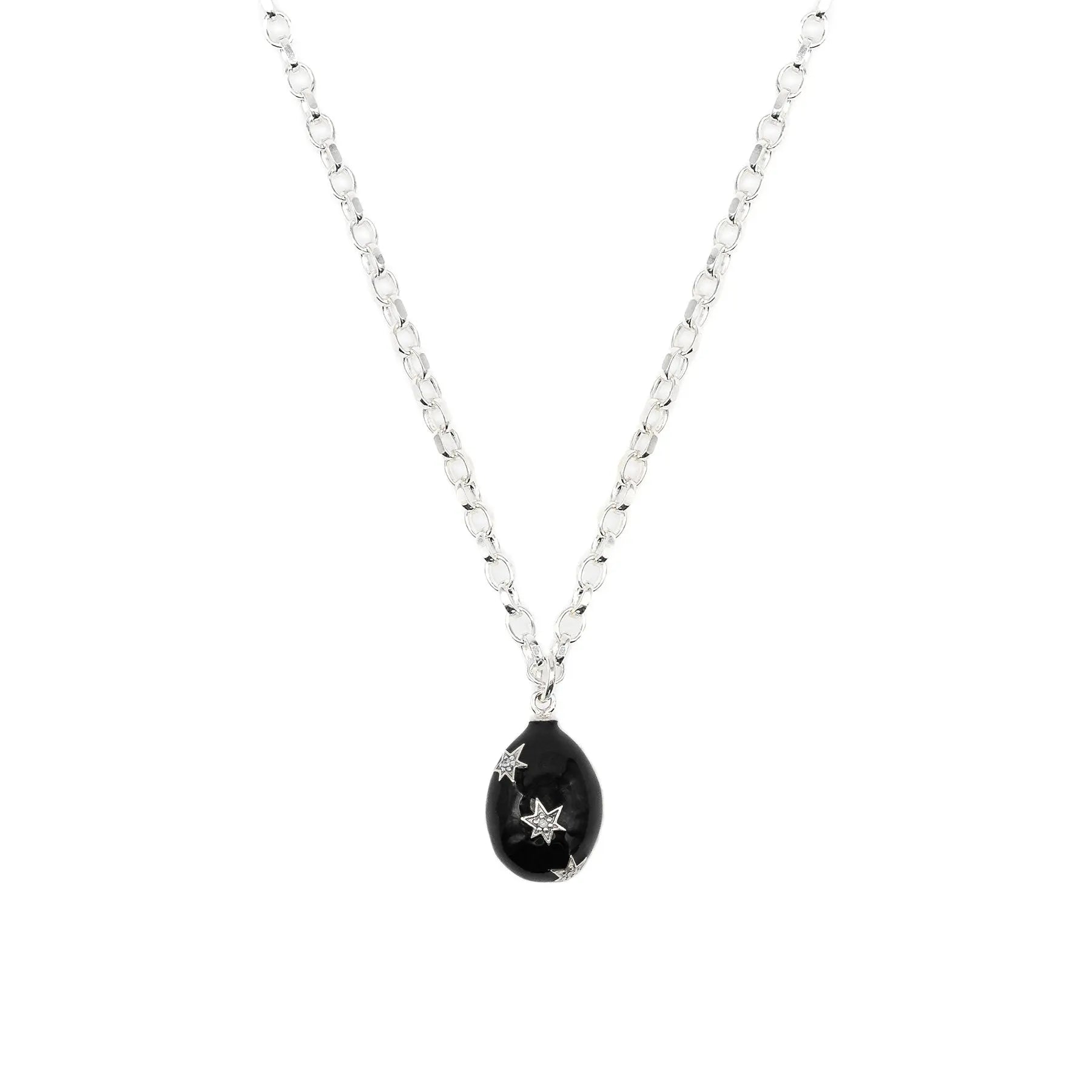 Diamond & Silver Black Enamel Egg Necklace