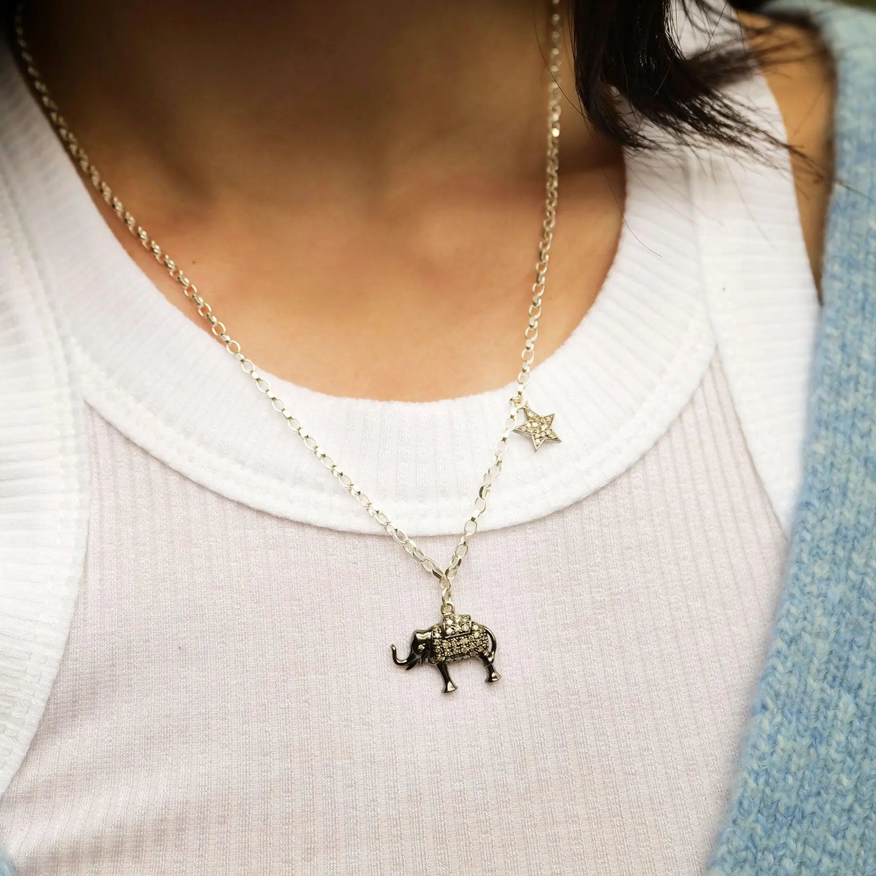 Diamond & Silver Elephant & Double-Sided Star Necklace