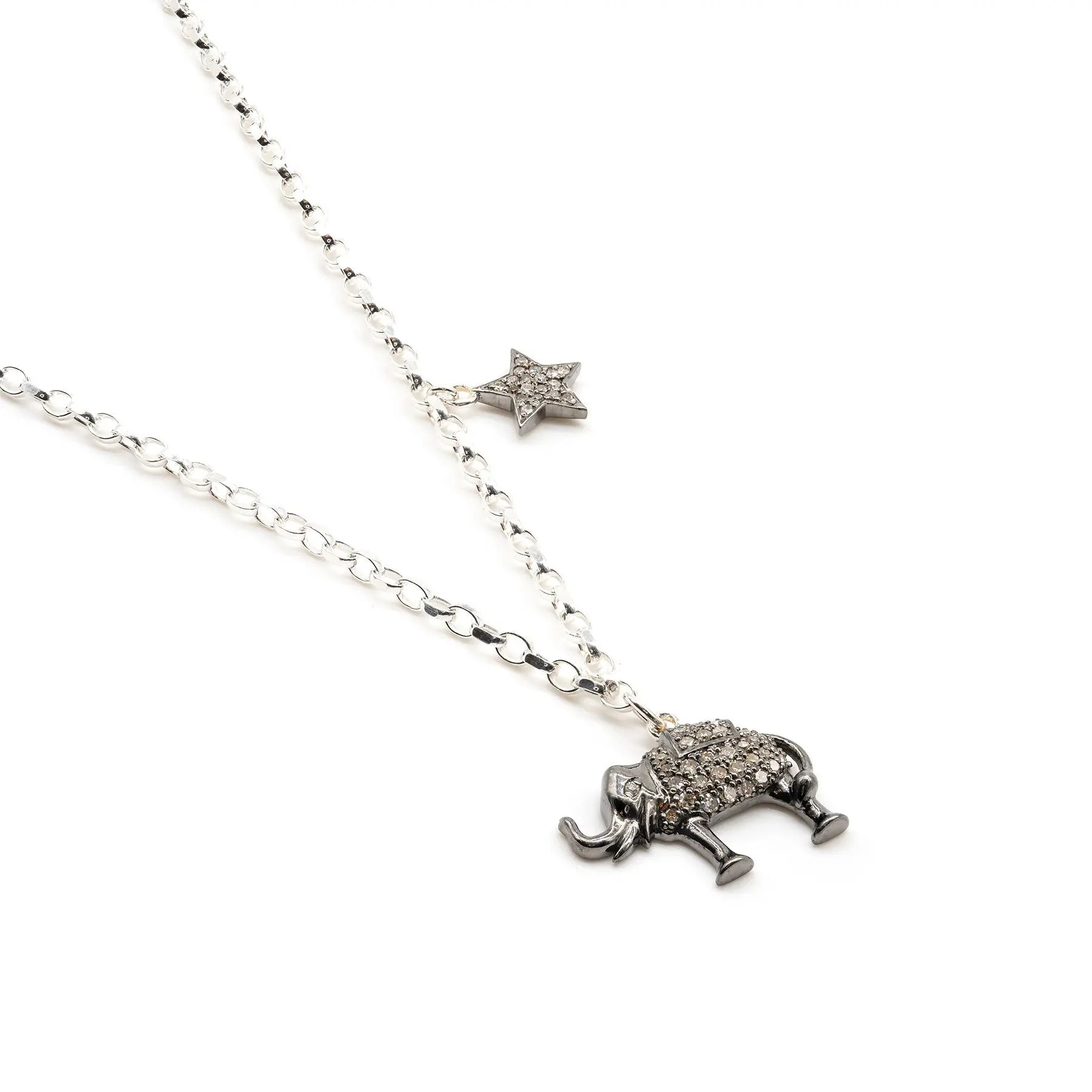 Diamond & Silver Elephant & Double-Sided Star Necklace