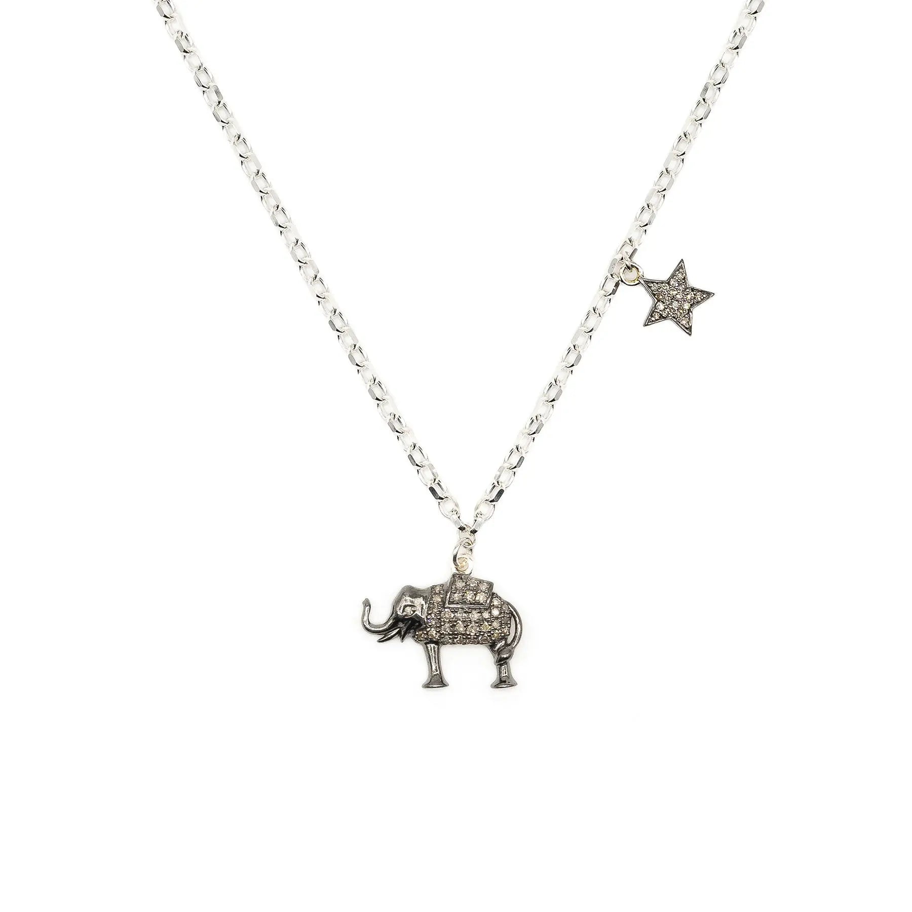 Diamond & Silver Elephant & Double-Sided Star Necklace