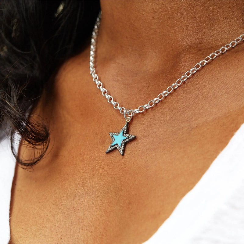 Diamond & Turquoise Enamel Chunky Star Necklace