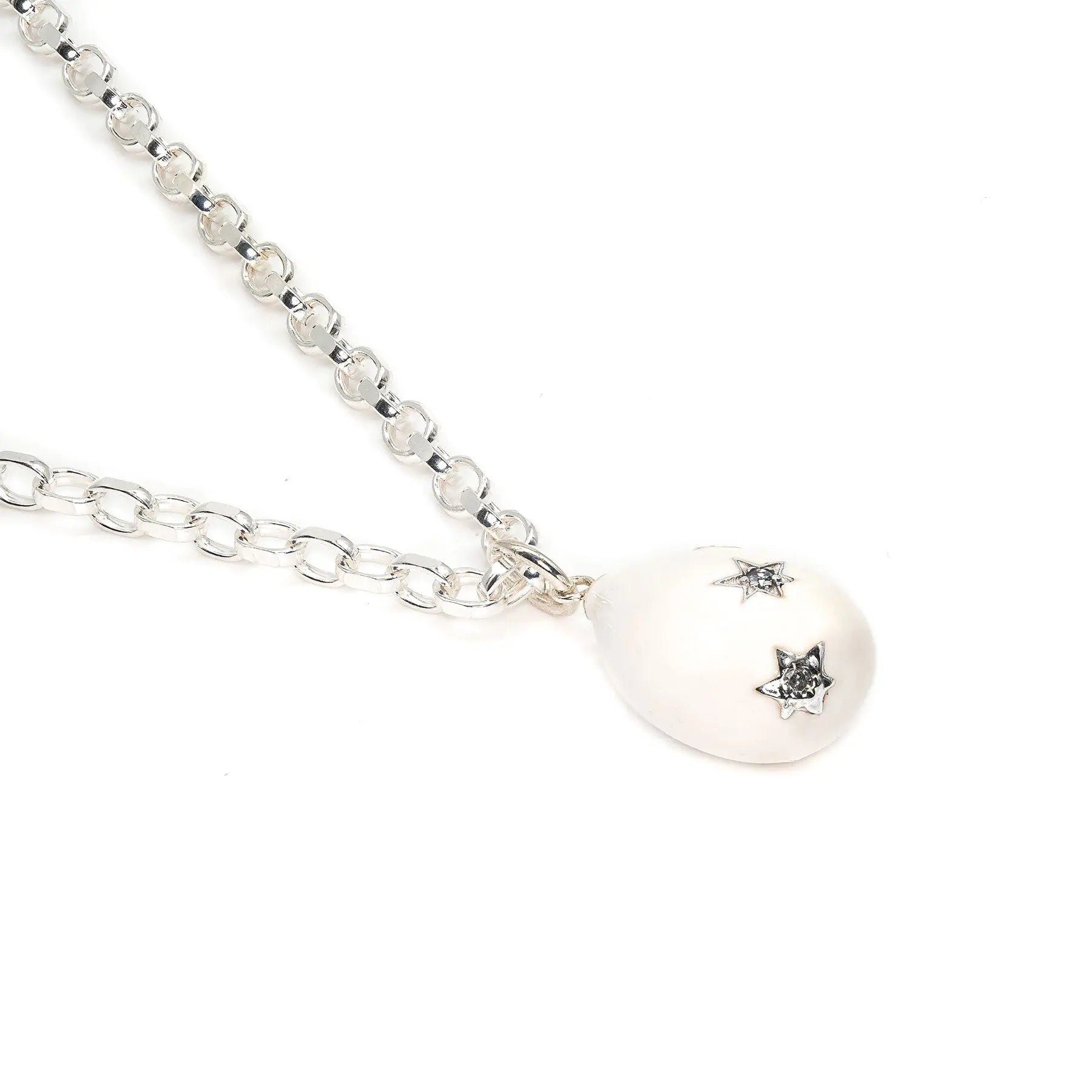 Diamond & White Enamel Silver Egg Necklace