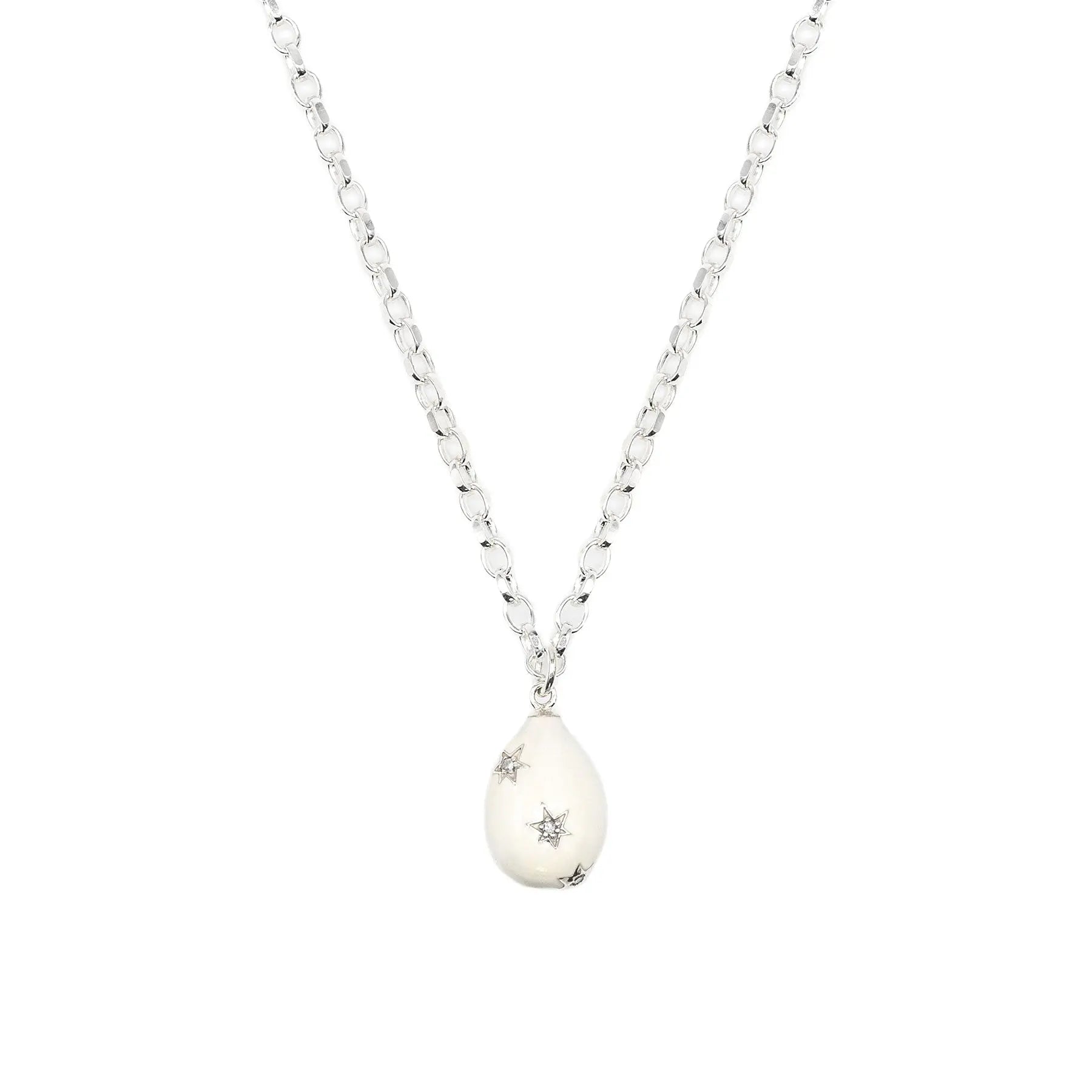 Diamond & White Enamel Silver Egg Necklace