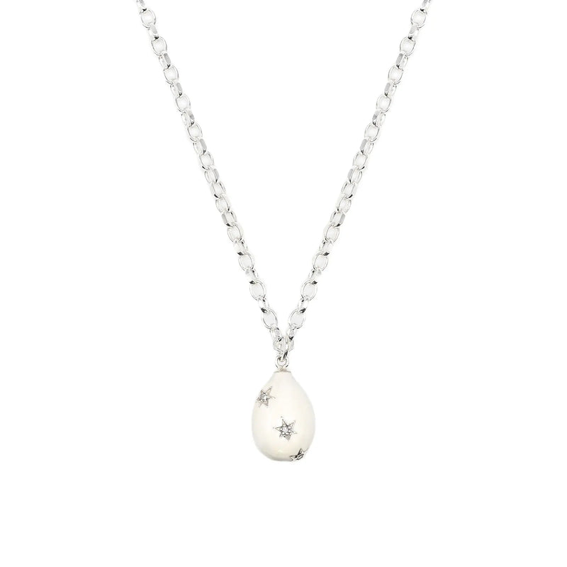 Diamond & White Enamel Silver Egg Necklace