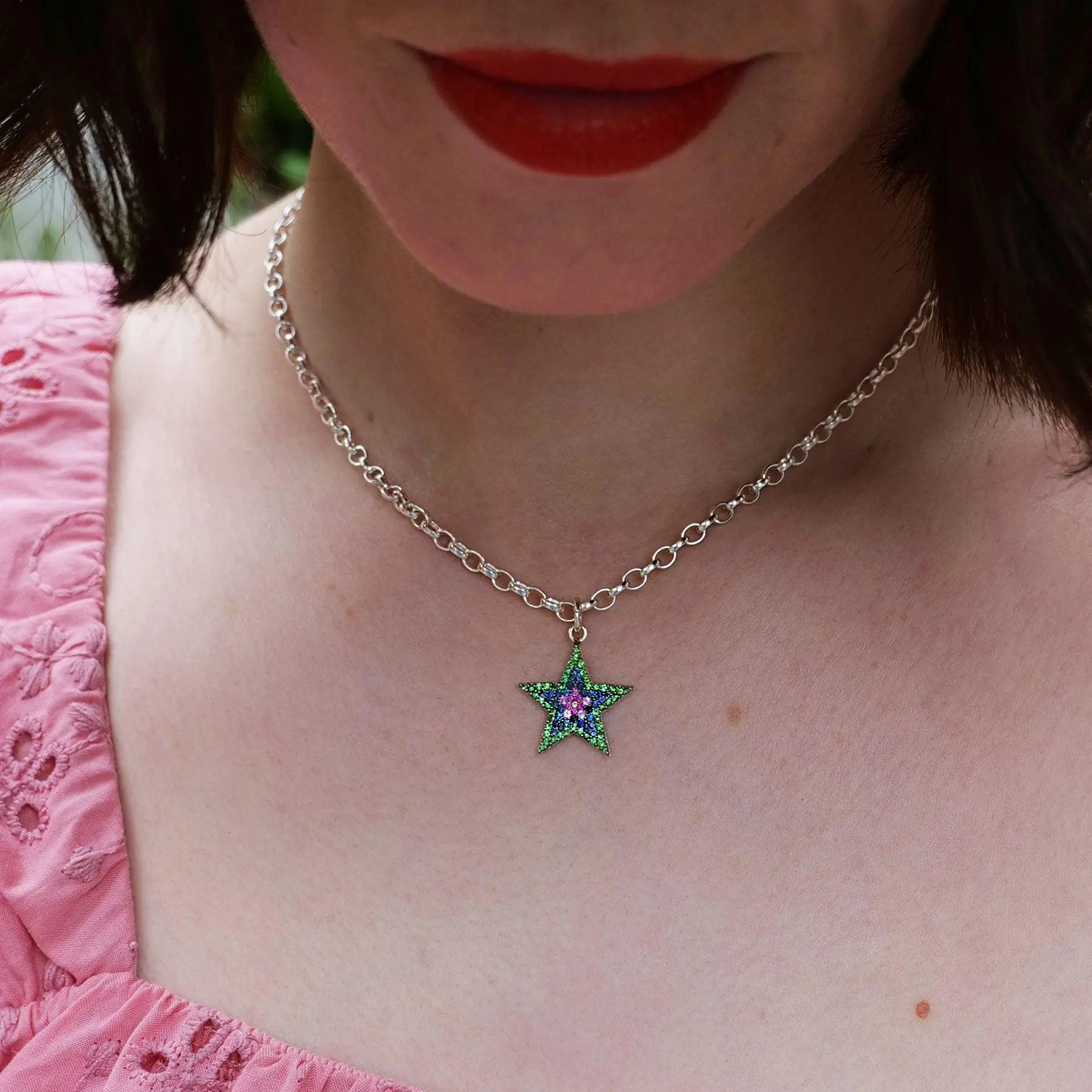 Rainbow Sapphire & Silver Chunky Star Necklace