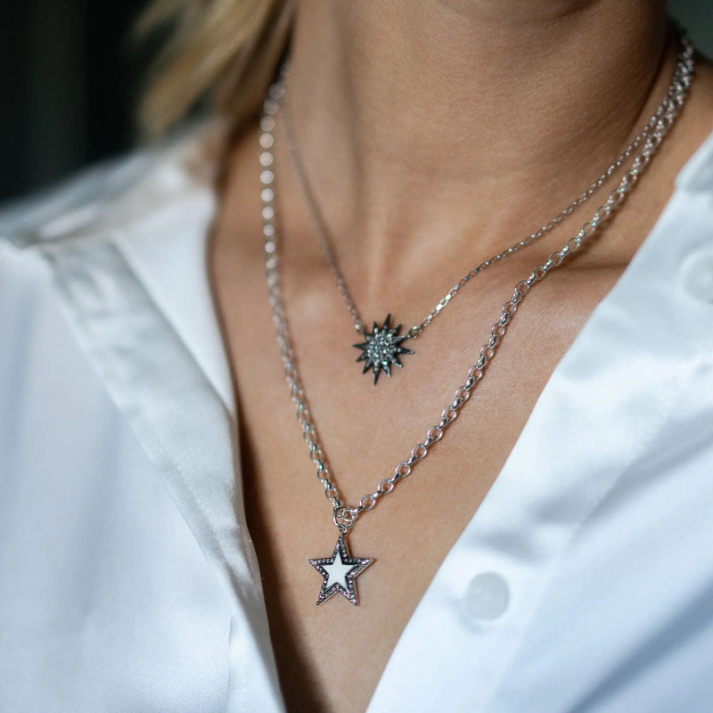 Diamond & White Enamel Silver Chunky Star Necklace