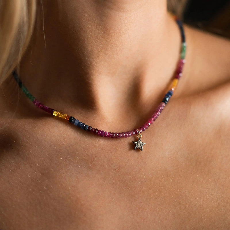 Diamond Star & Rainbow Sapphire Bead Necklace