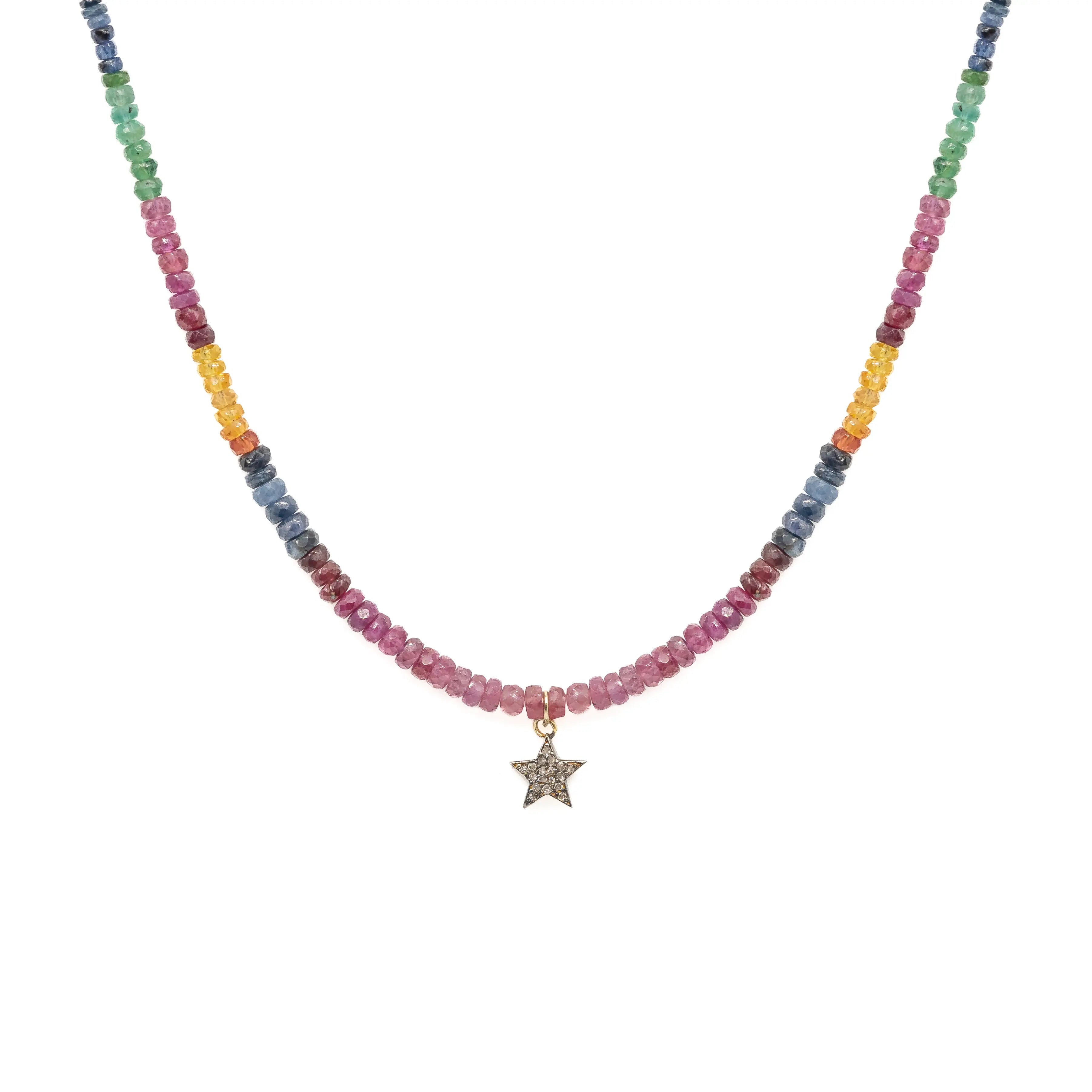 Diamond Star & Rainbow Sapphire Bead Necklace